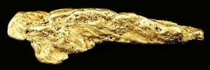 Gold nugget of about 6 troy ounces, from the Yuba River placers of Nevada County. Size: 8.3 x 2.8 x 2.3 cm. Source Wikipedia
