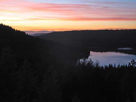 Sunset over Scotts Flat Lake from my deck 2/3/11 In the background is the Coast Range