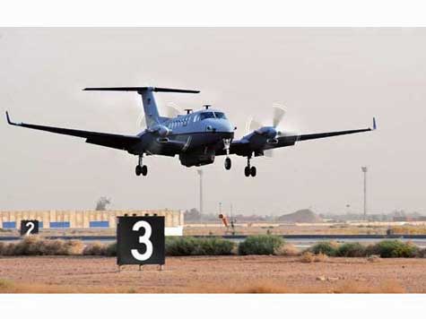 The first MC-12 Liberty aircraft lands after its first combat mission in June 2009 at Joint Base Balad, Iraq. U.S. Air Force